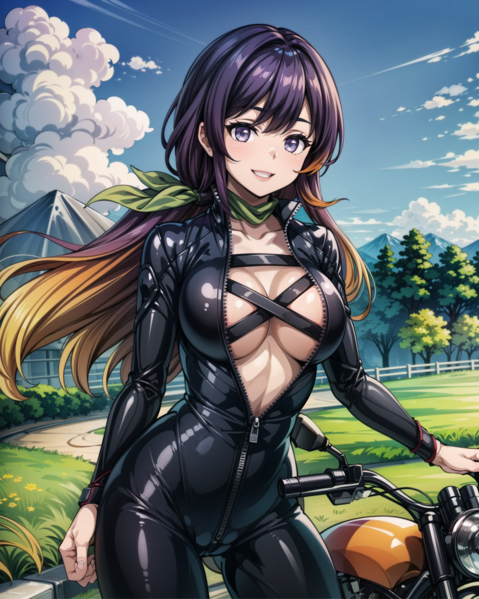 01476-2453471617-, 1girl, biker_clothes, bikesuit, blue_sky, bodysuit, breasts, center_opening, cloud, cloudy_sky, cowboy_shot, cross-laced_cloth.png